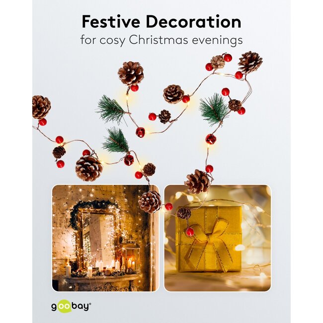 Goobay 20 LED Silver Wire Fairy Lights "Pine Cones & Red Berries"