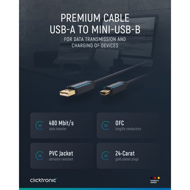 Clicktronic USB A to USB Mini B 2.0 Adapter Cable 1.8 m