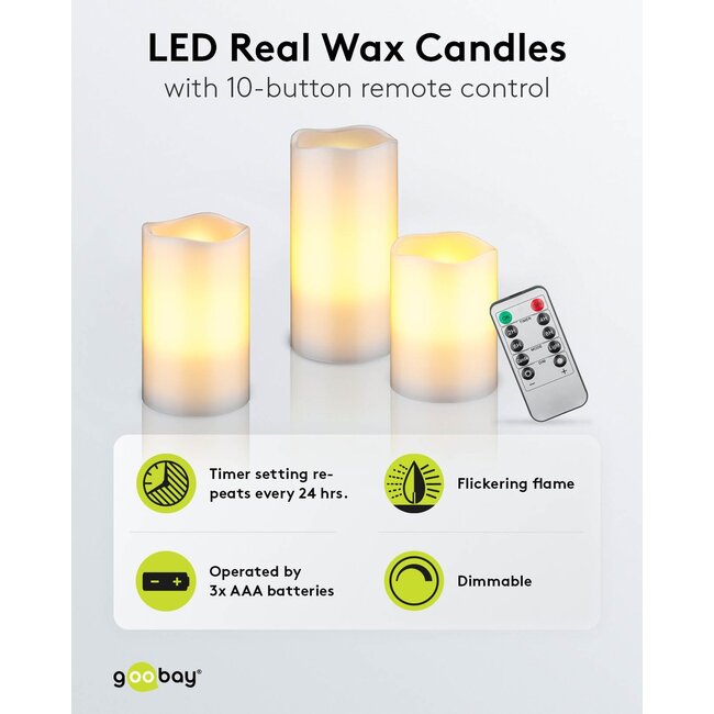Goobay Set of 3 LED Real Wax Candles, white