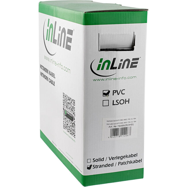 InLine® Patchkabel Cat.6 S/FTP (PiMf), grijs, AWG27, PVC, CU, 100m