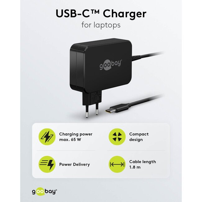 Goobay USB-C PD notebooklader met vaste kabel | 65W | 1,8 meter