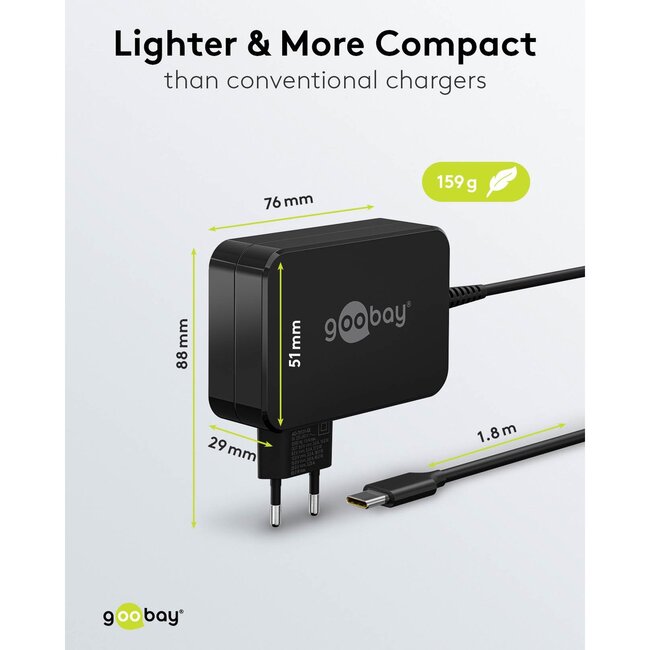 Goobay USB-C PD notebooklader met vaste kabel | 65W | 1,8 meter