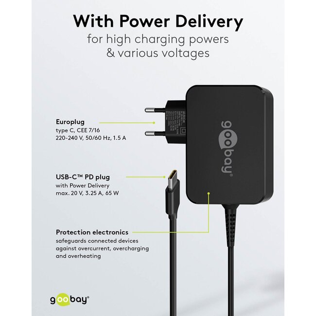 Goobay USB-C PD notebooklader met vaste kabel | 65W | 1,8 meter