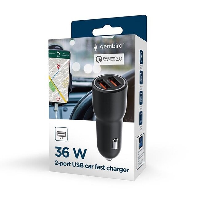 Gembird USB autolader | 2x USB-A QC | 36W