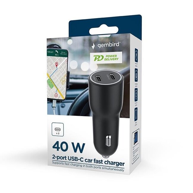 Gembird USB autolader | 2x USB-C PD | 40W