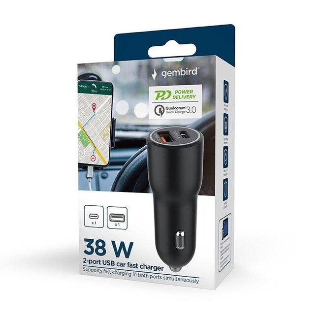 Gembird USB autolader | USB-C PD en USB-A QC | 38W