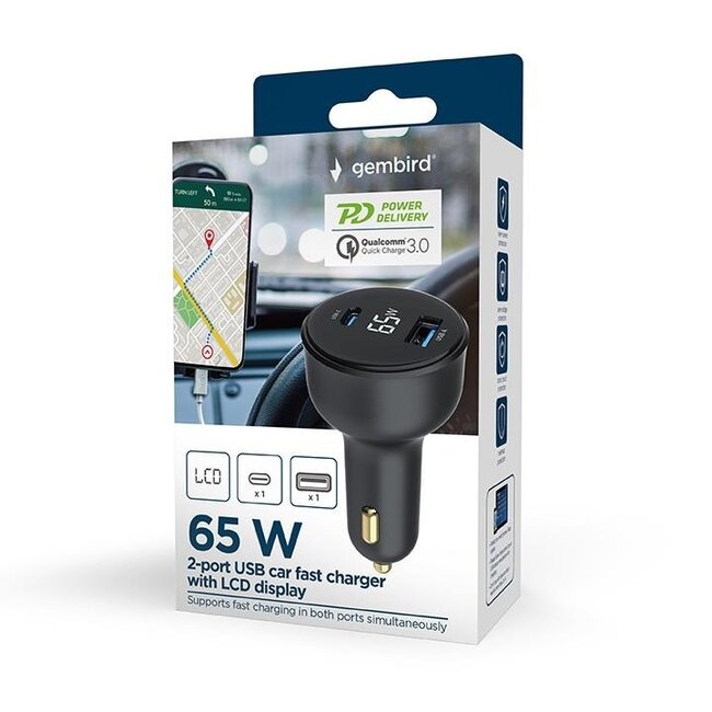 Gembird USB autolader met display | USB-C PD en USB-A QC | 65W