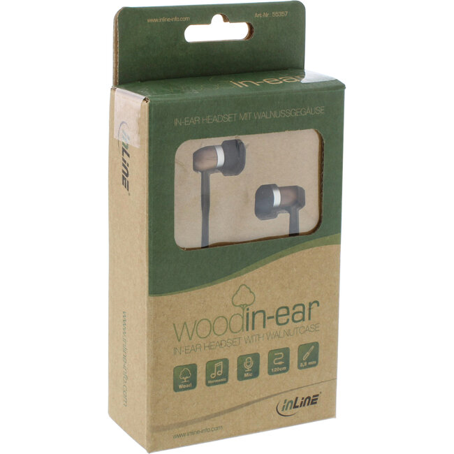 InLine® woodin-ear, in-ear headset met kabelmicrofoon en functietoets, walnoot