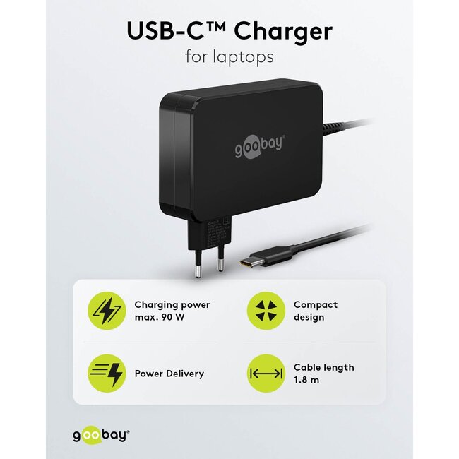 Goobay USB-C PD notebooklader met vaste kabel | 90W | 1,8 meter