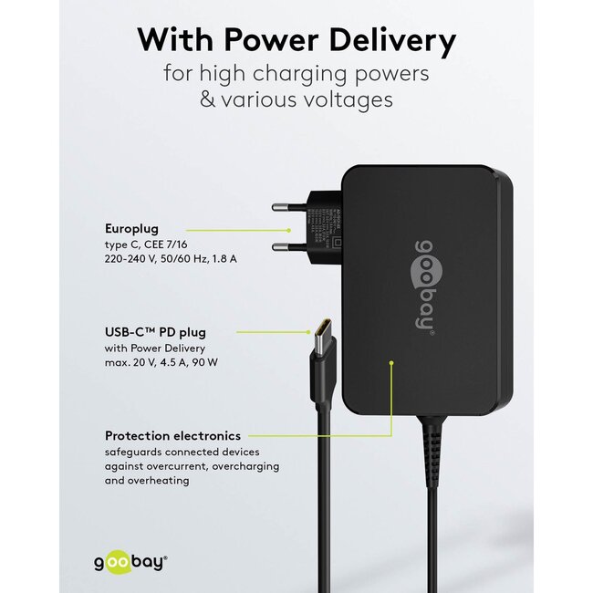 Goobay USB-C PD notebooklader met vaste kabel | 90W | 1,8 meter