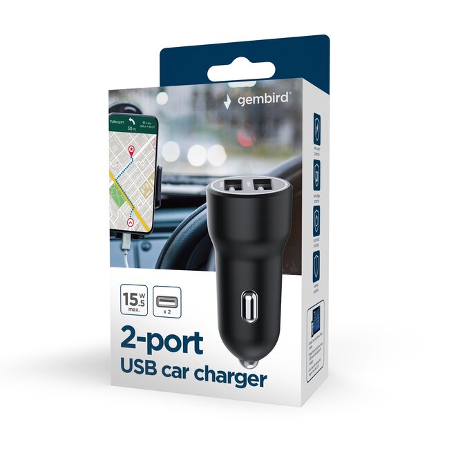 Gembird USB autolader | 2x USB-A | 15,5W
