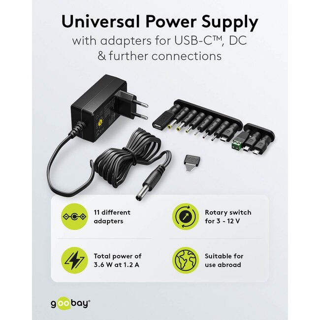 Goobay universele voedingsadapter | 3-12V | 3,6W | 11 pluggen | 1,8 meter