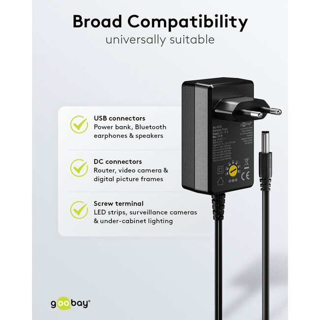 Goobay universele voedingsadapter | 3-12V | 3,6W | 11 pluggen | 1,8 meter