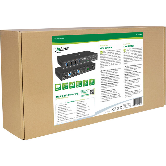 InLine® KVM-schakelaar, 2-weg, HDMI, 8K@60Hz, USB 3.2, met IR & RS-232