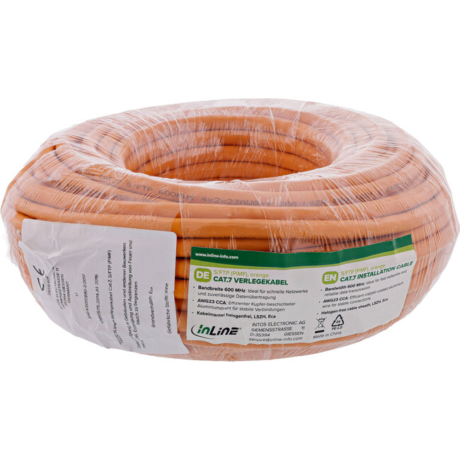 InLine® Cat.7 S/FTP Installatiekabel, CCA, PoE+, halogeenvrij, oranje, 30m