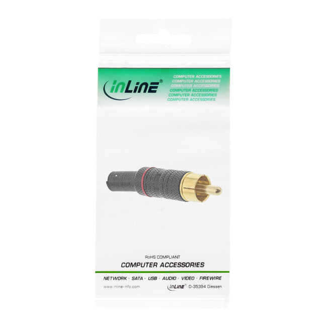 InLine® RCA-stekker soldeerversie, metaal zwart, ring wit, voor 6 mm kabel