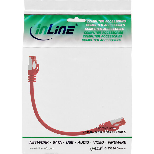 InLine® Patchkabel, S/FTP (PiMf), Cat.6, 250 MHz, PVC, koper, rood, 0,25m