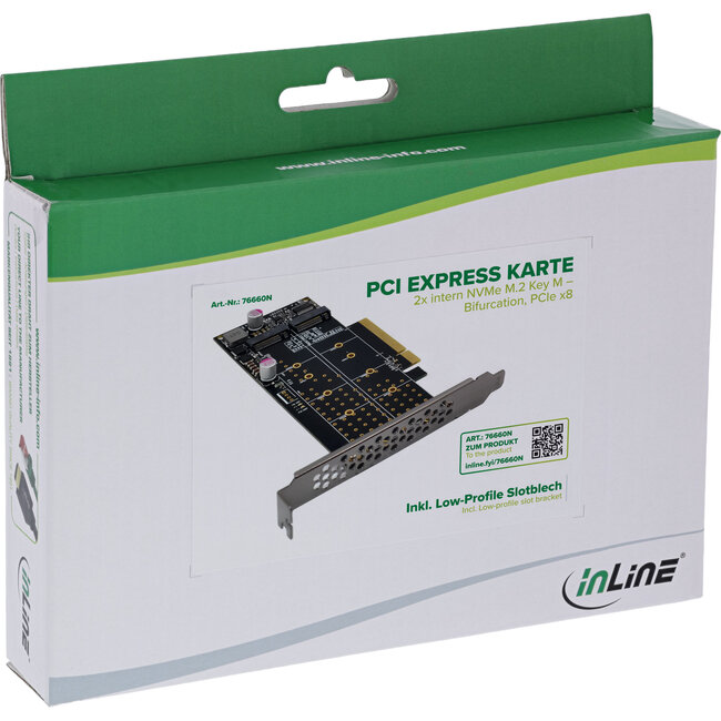 InLine® PCI Express kaart naar 2x interne NVMe M.2 Key M - Bifurcatie, PCIe x8