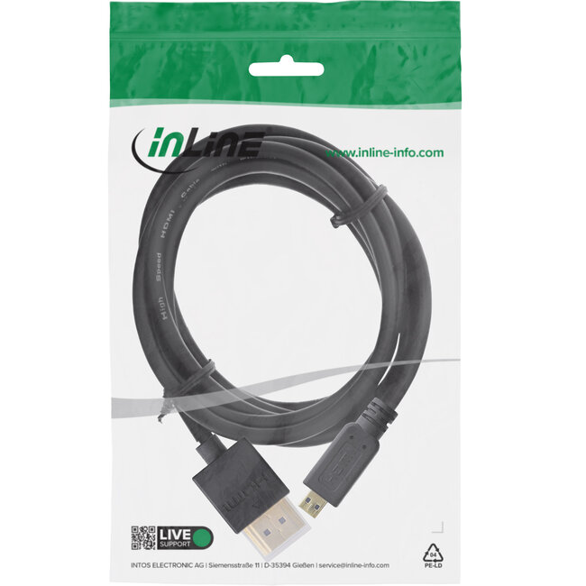 InLine® HDMI Superslim kabel A naar D, HS met ethernet,Premium,zwart/goud, 1,8m