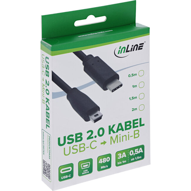 InLine® USB 2.0-kabel, USB-C-stekker naar Mini-B-stekker, zwart, 1,5m