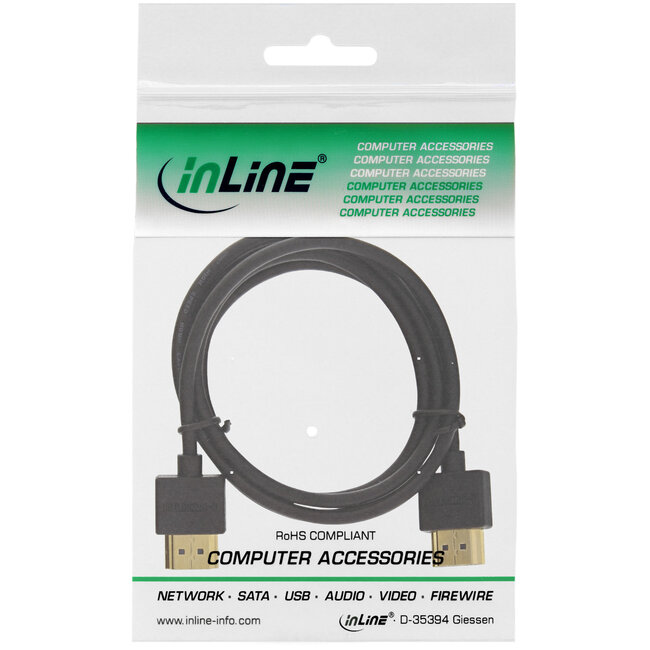 InLine® HDMI Superslim kabel A naar A, HS met ethernet,Premium,zwart/goud, 1,8m