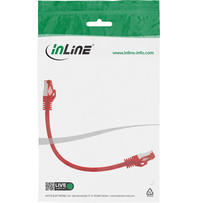 InLine® Patchkabel, S/FTP (PiMf), Cat.6, 250 MHz, PVC, CCA, rood, 0,25m