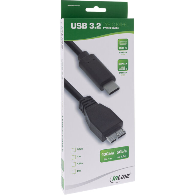 InLine® USB 3.2 Gen.1x2 kabel, USB-C male naar Micro-B male, zwart, 0,5m