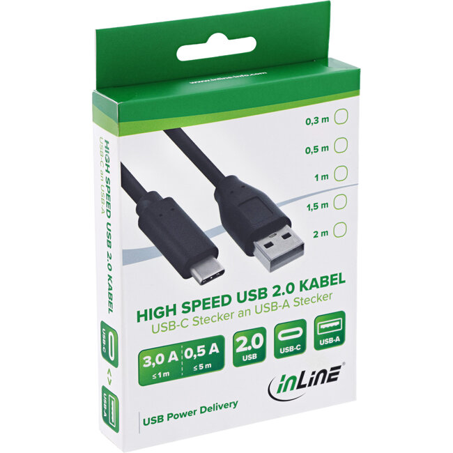 InLine® USB 2.0-kabel, USB-C-stekker naar A-stekker, zwart, 0,3 m