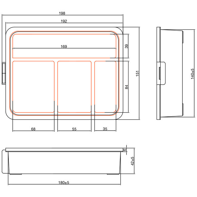 InLine® Kleine onderdelenbak, 4 compartimenten, afmetingen: 180x140x40mm, oranje