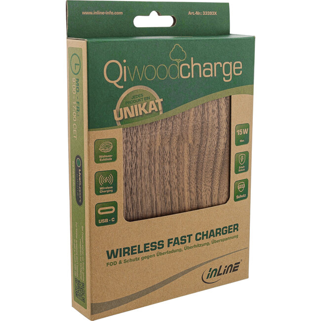 InLine® Qi houtlader, draadloze snellader, 5/7,5/10W/15W, USB-C, ohne Logo