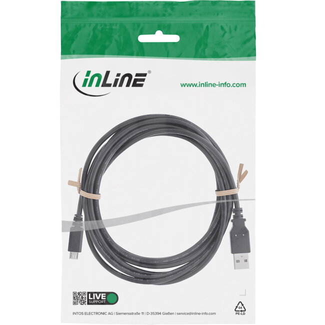 InLine® Micro-USB 2.0 kabel, USB-A(M) naar Micro-B (M), zwart, 2m