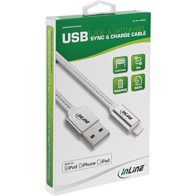 InLine® Lightning USB-kabel, voor iPad,iPhone,zilver/alum. 2m MFi-gecertificeerd