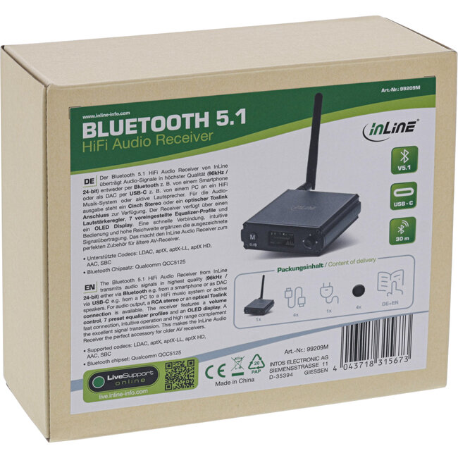 InLine® Bluetooth 5.1 HiFi-ontvanger & USB DAC, met LCD-scherm