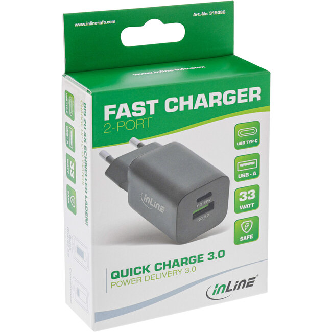 InLine® Power Delivery + Quick Charge USB-stroomadapter,33 W,USB-A + USB-C,zwart