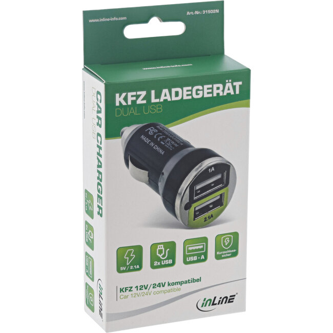 InLine® USB autolader voedingsadapter, 12/24VDC naar 5V DC/2.1A, Mini