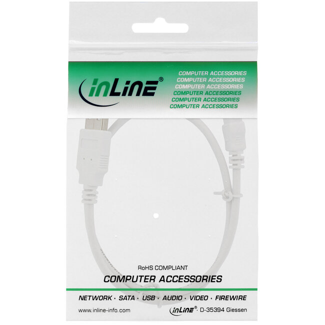 InLine® USB 2.0-minikabel, USB A male naar mini B male 5-pin, wit, 1m