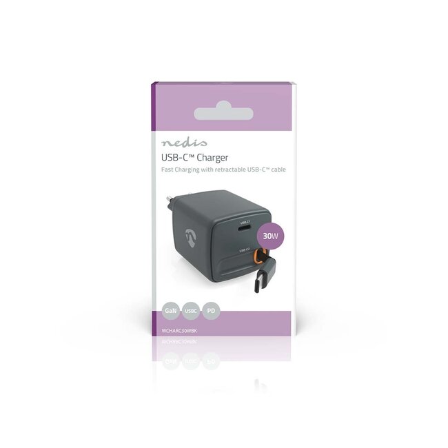 Nedis USB lader | 1x USB-C PD + uittrekbare USB-C kabel | GaN | 30W | zwart