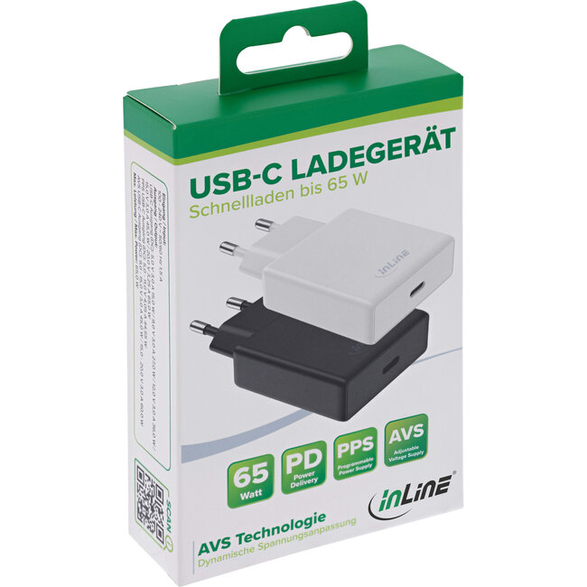 InLine® USB-voeding, oplader, enkele USB-C, PD, AVS, 65W, wit