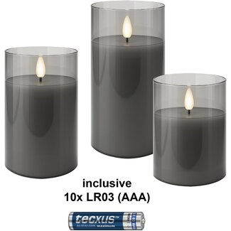 Goobay Goobay Set of 3 LED Real Wax Candles in Glass, Grey-Transparent, incl. 10x AAA (LR03)