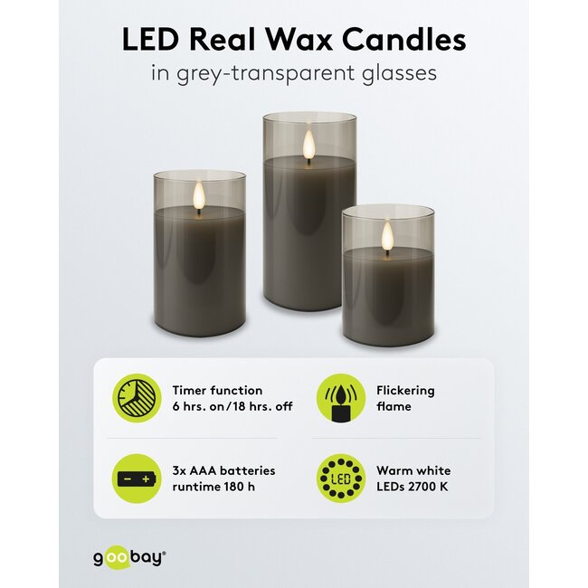 Goobay Set of 3 LED Real Wax Candles in Glass, Grey-Transparent, incl. 10x AAA (LR03)