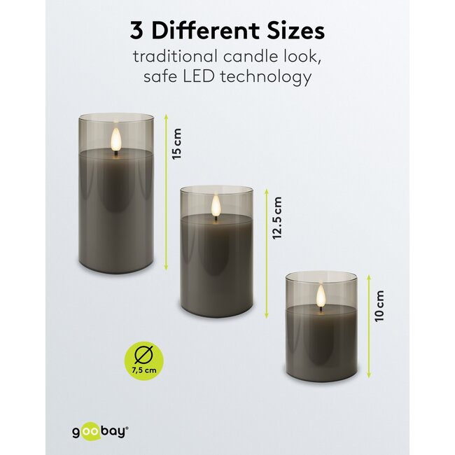 Goobay Set of 3 LED Real Wax Candles in Glass, Grey-Transparent, incl. 10x AAA (LR03)