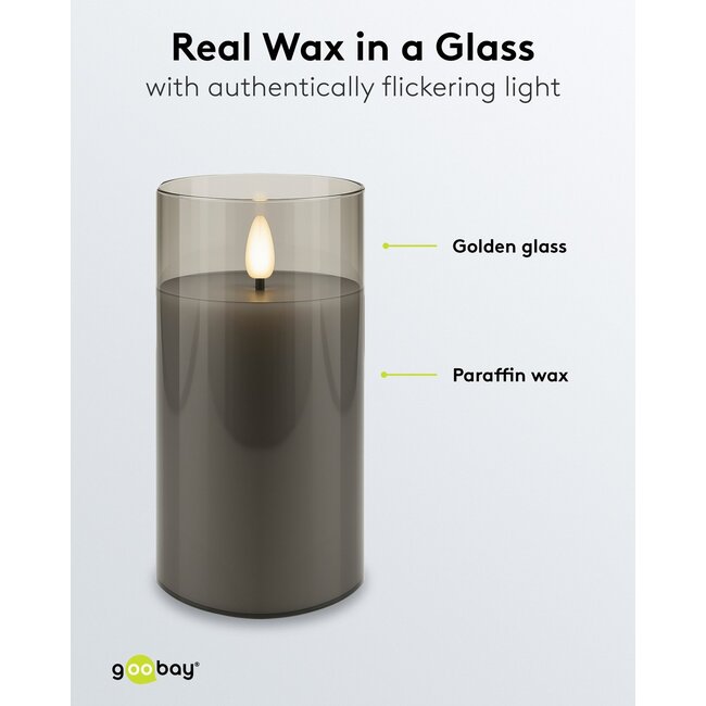 Goobay Set of 3 LED Real Wax Candles in Glass, Grey-Transparent, incl. 10x AAA (LR03)