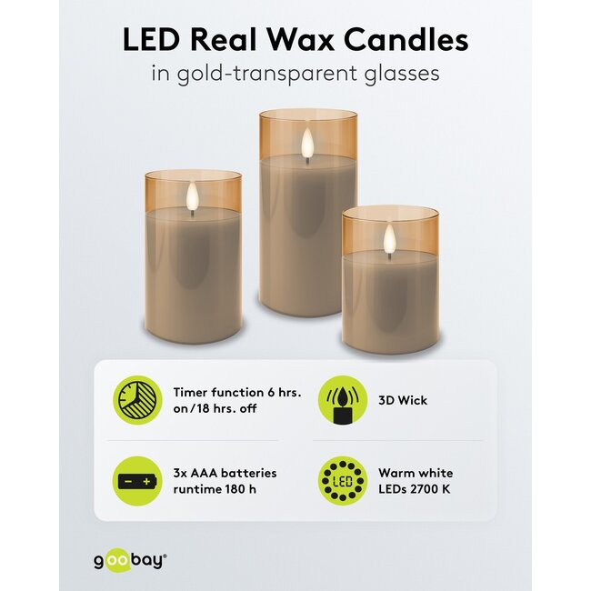 Goobay Set of 3 LED Real Wax Candles in Glass, Gold-Transparent, incl. 10x AAA (LR03)