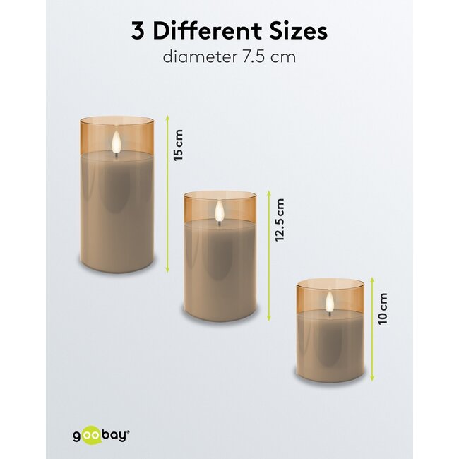 Goobay Set of 3 LED Real Wax Candles in Glass, Gold-Transparent, incl. 10x AAA (LR03)