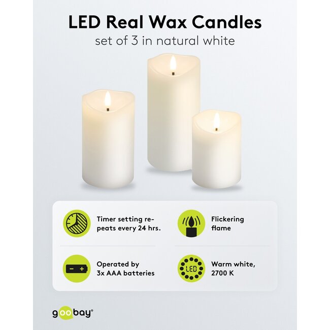 Goobay Set of 3 LED Real Wax Candles, white, incl. 10x AAA (LR03)