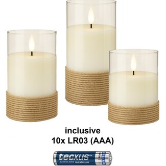 Goobay Goobay Set of 3 LED Real Wax Candles in Glass, White, Wrapped with Hemp, incl. 8x AA (LR6)