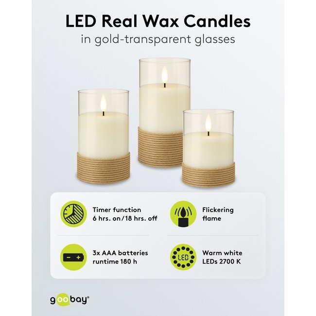 Goobay Set of 3 LED Real Wax Candles in Glass, White, Wrapped with Hemp, incl. 8x AA (LR6)