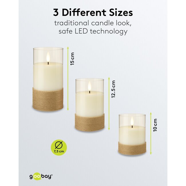 Goobay Set of 3 LED Real Wax Candles in Glass, White, Wrapped with Hemp, incl. 8x AA (LR6)