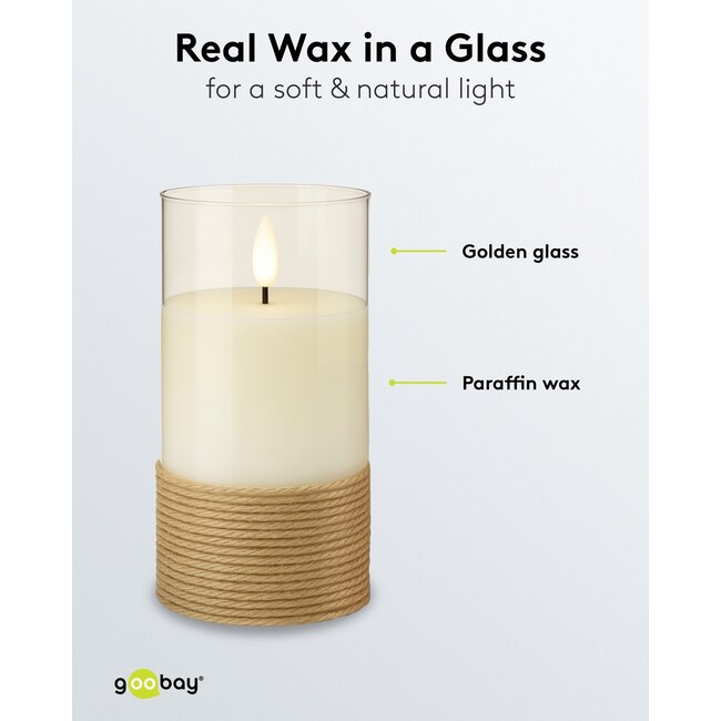 Goobay Set of 3 LED Real Wax Candles in Glass, White, Wrapped with Hemp, incl. 8x AA (LR6)
