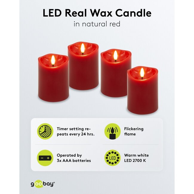 Goobay Set of 4 LED Real Wax Candles, red, incl. 12x AAA (LR03)